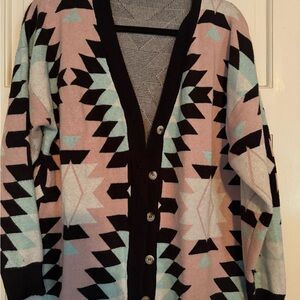 Geometric Patterned Cardigan Sweater - Pink and Black